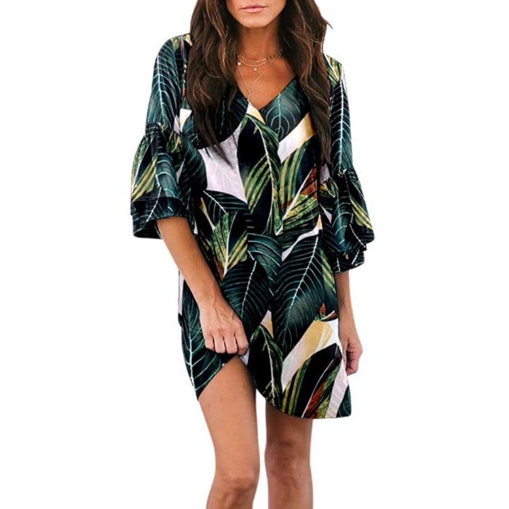 Tropical Leaf Print Sun Dress